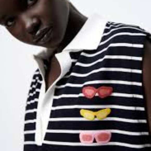 Zara Natasha Paschal Limited Edition Striped Midi Art Cotton Casual Polo Dress S - Picture 2 of 3